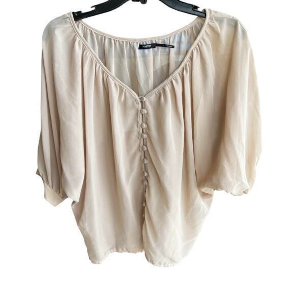 POETRY tan nude sheer balloon sleeves scoop neck milkmaid oversized NWOT size S